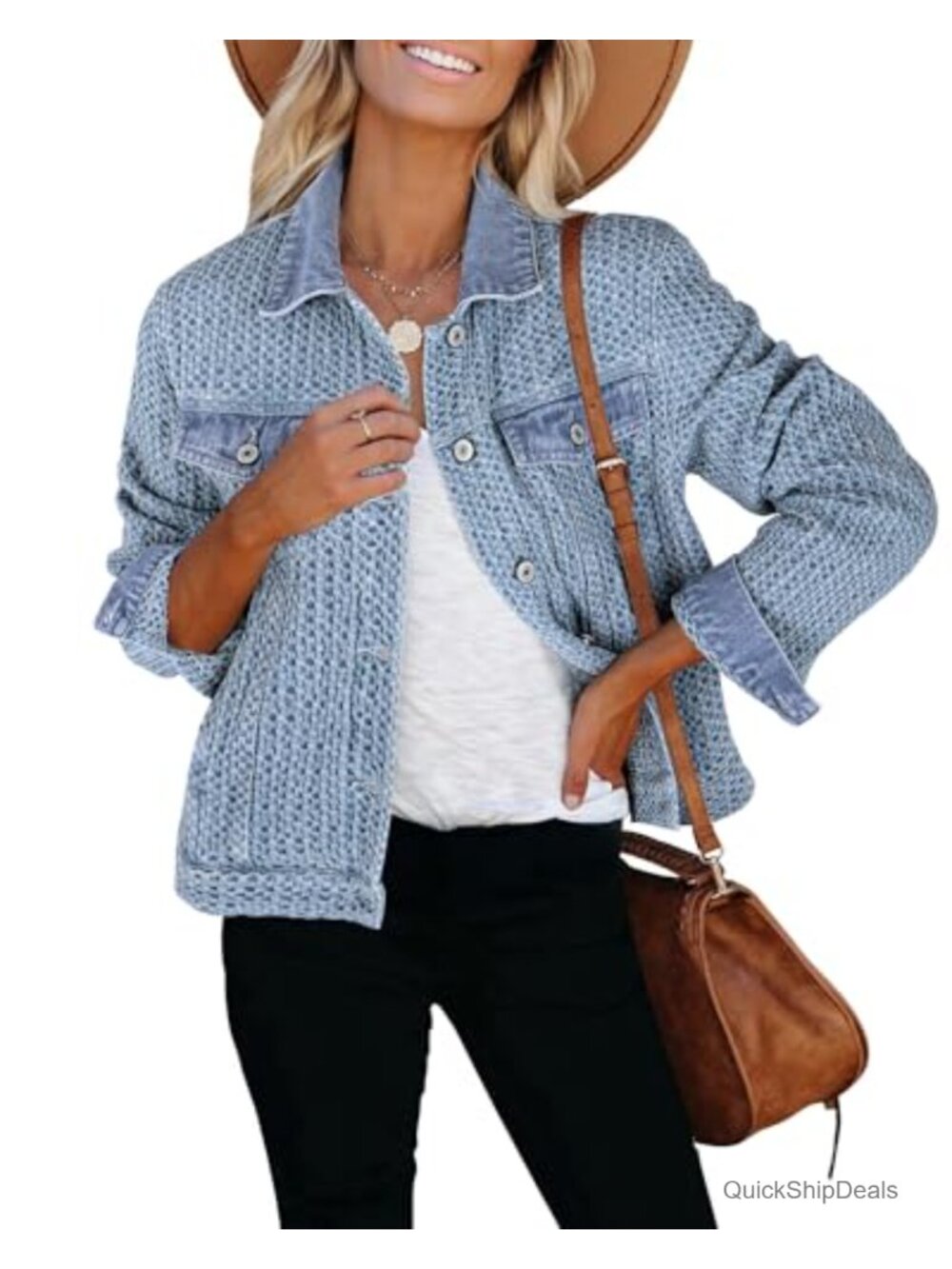 Women's Lightweight Distressed Button Down Denim Trucker Jacket with Pockets